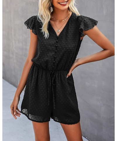 Women 2024 Summer Fashion V Neck Wrap Rompers Swiss Dot Pocketed Elastic Waist Short Sleeve Beach Shorts Jumpsuit Button Blac...