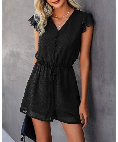 Women 2024 Summer Fashion V Neck Wrap Rompers Swiss Dot Pocketed Elastic Waist Short Sleeve Beach Shorts Jumpsuit Button Blac...