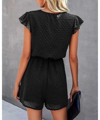 Women 2024 Summer Fashion V Neck Wrap Rompers Swiss Dot Pocketed Elastic Waist Short Sleeve Beach Shorts Jumpsuit Button Blac...