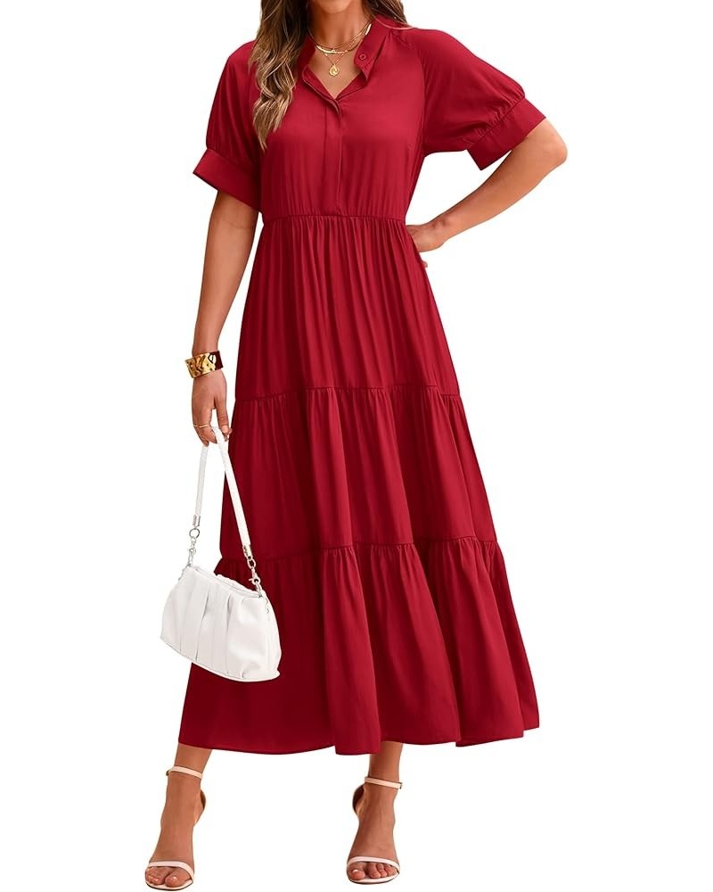 Women's Summer Dresses 2024 Casual Short Sleeve Button Loose Fit Pleated Boho Flowy Swing Long Beach Sun Dress Solid Jujube R...