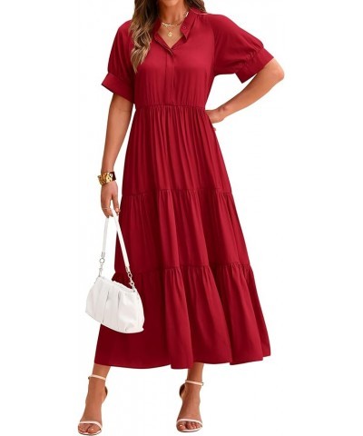 Women's Summer Dresses 2024 Casual Short Sleeve Button Loose Fit Pleated Boho Flowy Swing Long Beach Sun Dress Solid Jujube R...