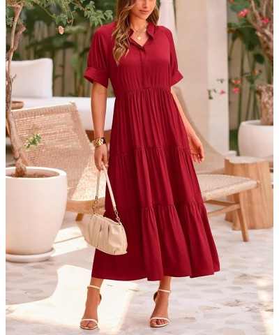 Women's Summer Dresses 2024 Casual Short Sleeve Button Loose Fit Pleated Boho Flowy Swing Long Beach Sun Dress Solid Jujube R...