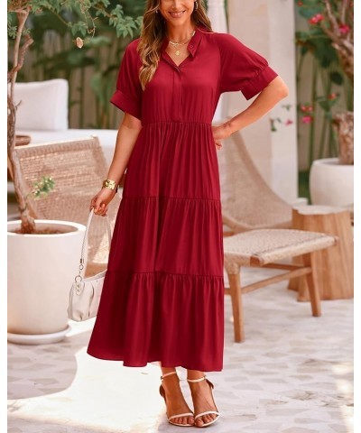 Women's Summer Dresses 2024 Casual Short Sleeve Button Loose Fit Pleated Boho Flowy Swing Long Beach Sun Dress Solid Jujube R...