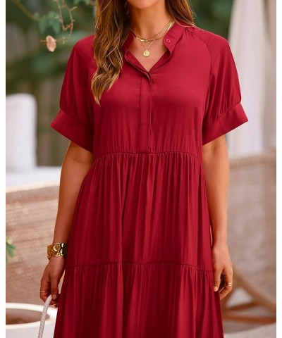 Women's Summer Dresses 2024 Casual Short Sleeve Button Loose Fit Pleated Boho Flowy Swing Long Beach Sun Dress Solid Jujube R...