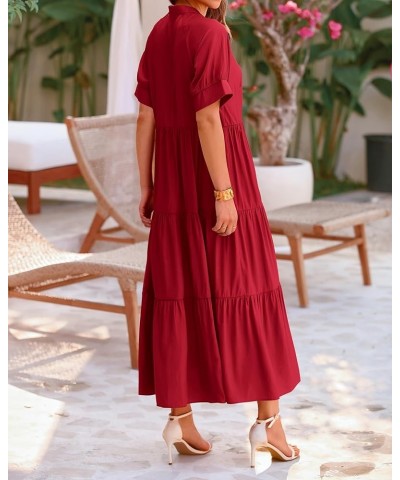 Women's Summer Dresses 2024 Casual Short Sleeve Button Loose Fit Pleated Boho Flowy Swing Long Beach Sun Dress Solid Jujube R...