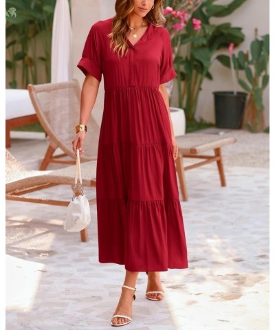 Women's Summer Dresses 2024 Casual Short Sleeve Button Loose Fit Pleated Boho Flowy Swing Long Beach Sun Dress Solid Jujube R...