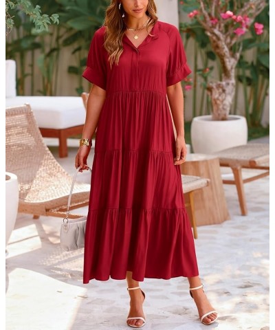 Women's Summer Dresses 2024 Casual Short Sleeve Button Loose Fit Pleated Boho Flowy Swing Long Beach Sun Dress Solid Jujube R...