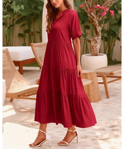 Women's Summer Dresses 2024 Casual Short Sleeve Button Loose Fit Pleated Boho Flowy Swing Long Beach Sun Dress Solid Jujube R...