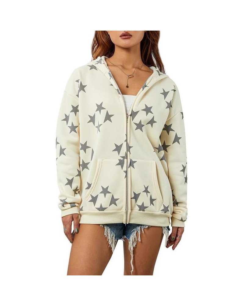 Women Y2k Star Print Hoodie Zip Up Oversized Sweatshirt Fairy Grunge Aesthetic Baggy Jacket Hurajuku Streetwear E-apricot Cas...