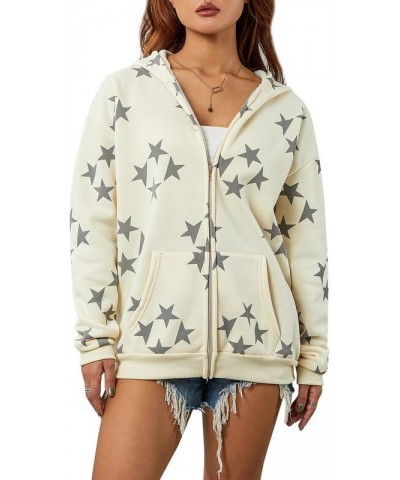 Women Y2k Star Print Hoodie Zip Up Oversized Sweatshirt Fairy Grunge Aesthetic Baggy Jacket Hurajuku Streetwear E-apricot Cas...