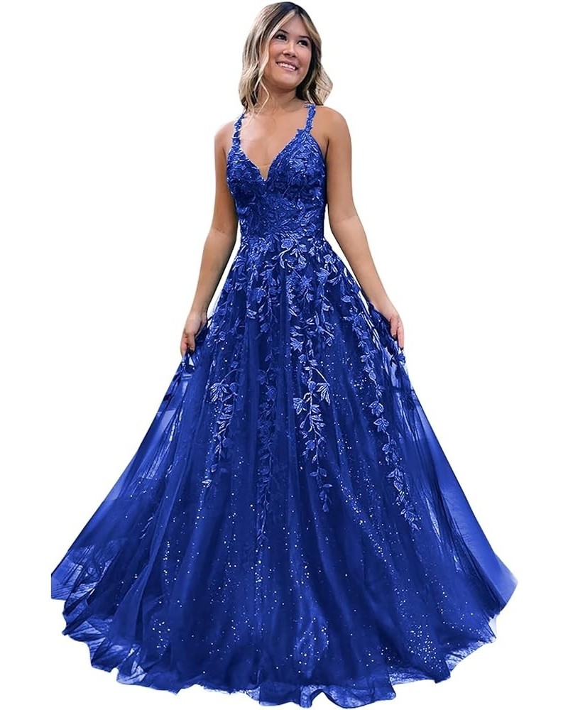 Lace Appliques Prom Dresses Long Spaghetti Straps Sparkly Beaded Formal Evening Gowns Royal Blue $34.85 Dresses