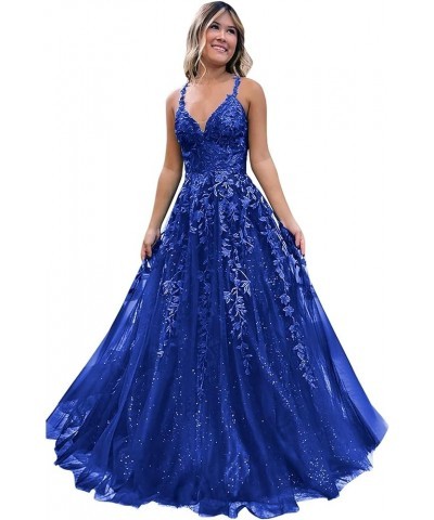 Lace Appliques Prom Dresses Long Spaghetti Straps Sparkly Beaded Formal Evening Gowns Royal Blue $34.85 Dresses