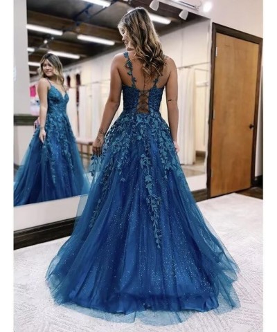 Lace Appliques Prom Dresses Long Spaghetti Straps Sparkly Beaded Formal Evening Gowns Royal Blue $34.85 Dresses