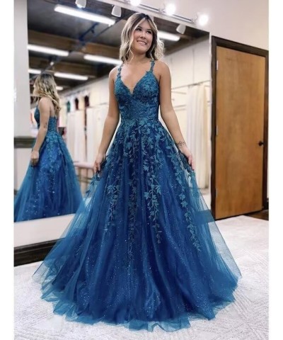 Lace Appliques Prom Dresses Long Spaghetti Straps Sparkly Beaded Formal Evening Gowns Royal Blue $34.85 Dresses