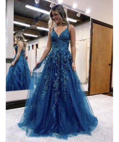 Lace Appliques Prom Dresses Long Spaghetti Straps Sparkly Beaded Formal Evening Gowns Royal Blue $34.85 Dresses