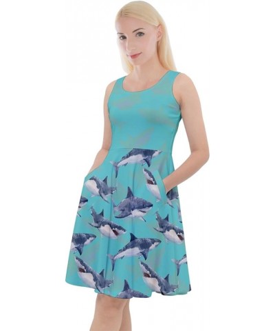 Womens Summer Dress Sea Animals Whales Sharks Dolphin Fish Knee Length Skater Dress with Pockets, XS-5XL Light Blue $13.44 Ot...