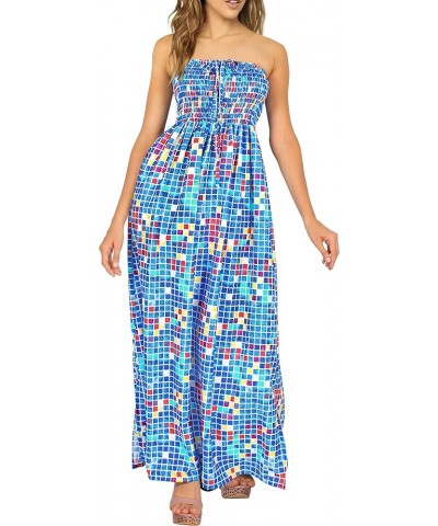 Women's Boho A line Maxi Dress Smocked Top Evening Long Strapless Tube Dresses for Women Cerulean, Geometric $13.44 Dresses