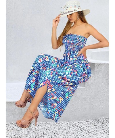 Women's Boho A line Maxi Dress Smocked Top Evening Long Strapless Tube Dresses for Women Cerulean, Geometric $13.44 Dresses