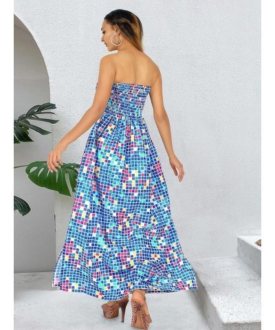 Women's Boho A line Maxi Dress Smocked Top Evening Long Strapless Tube Dresses for Women Cerulean, Geometric $13.44 Dresses