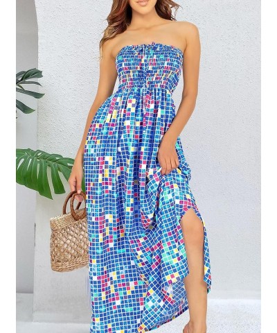 Women's Boho A line Maxi Dress Smocked Top Evening Long Strapless Tube Dresses for Women Cerulean, Geometric $13.44 Dresses