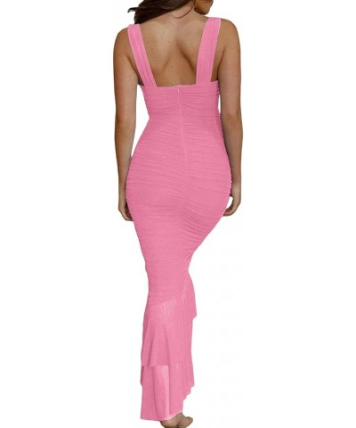 Women 2023 Summer Sleeveless Bodycon Dress Sexy Backless Slim Fit Mesh Ruffled Short Midi Dress Party Club Dress Pink1 $16.05...