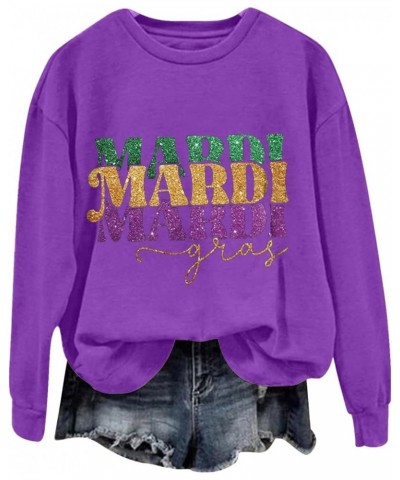 Mardi Gras Shirts for Women 2024 Casual Long Sleeve Sequin Sparkly Printed Crewneck Sweatshirts Ralgan Pullover Tops Z6-purpl...