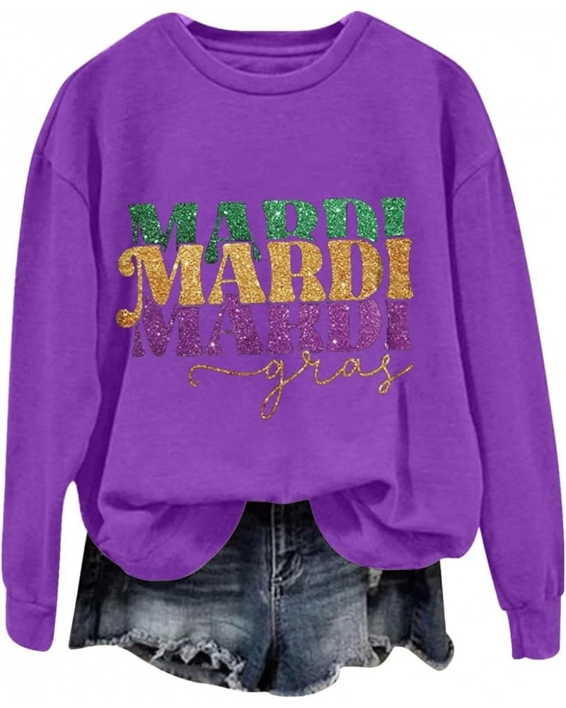 Mardi Gras Shirts for Women 2024 Casual Long Sleeve Sequin Sparkly Printed Crewneck Sweatshirts Ralgan Pullover Tops Z6-purpl...