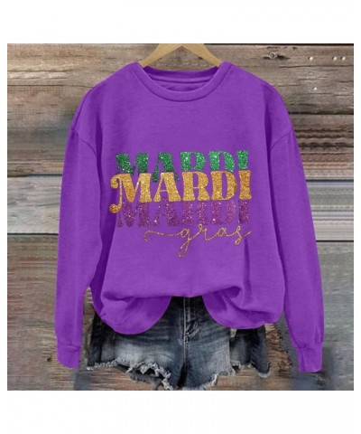 Mardi Gras Shirts for Women 2024 Casual Long Sleeve Sequin Sparkly Printed Crewneck Sweatshirts Ralgan Pullover Tops Z6-purpl...