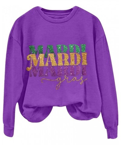 Mardi Gras Shirts for Women 2024 Casual Long Sleeve Sequin Sparkly Printed Crewneck Sweatshirts Ralgan Pullover Tops Z6-purpl...