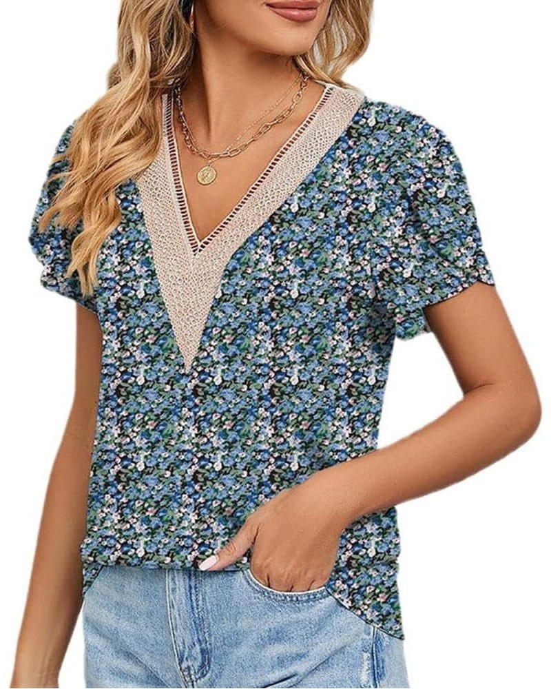 Womens Short Sleeve Summer Tops Trendy Tank Tops Floral Print Lace V Neck Loose Fit Shirts Blue Flowers $9.89 Tanks