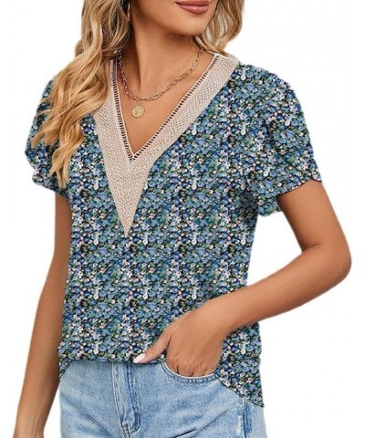 Womens Short Sleeve Summer Tops Trendy Tank Tops Floral Print Lace V Neck Loose Fit Shirts Blue Flowers $9.89 Tanks