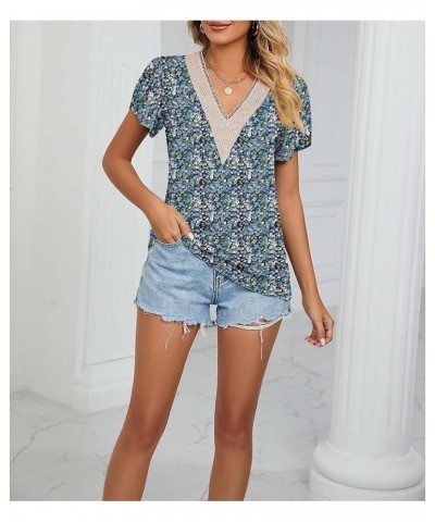 Womens Short Sleeve Summer Tops Trendy Tank Tops Floral Print Lace V Neck Loose Fit Shirts Blue Flowers $9.89 Tanks