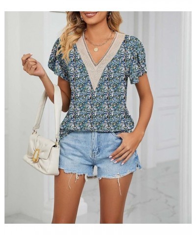 Womens Short Sleeve Summer Tops Trendy Tank Tops Floral Print Lace V Neck Loose Fit Shirts Blue Flowers $9.89 Tanks