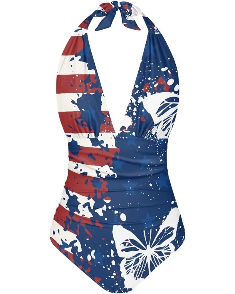 Swimsuit Women One Piece Tummy Control Swimsuits Sexy V-Neck High Cut Bathing Suits Halter Swimwear Butterfly Flag $12.18 Swi...