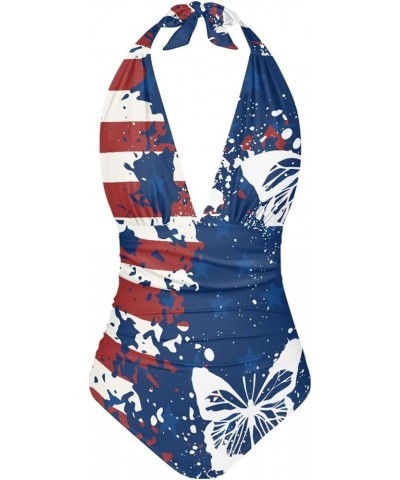 Swimsuit Women One Piece Tummy Control Swimsuits Sexy V-Neck High Cut Bathing Suits Halter Swimwear Butterfly Flag $12.18 Swi...