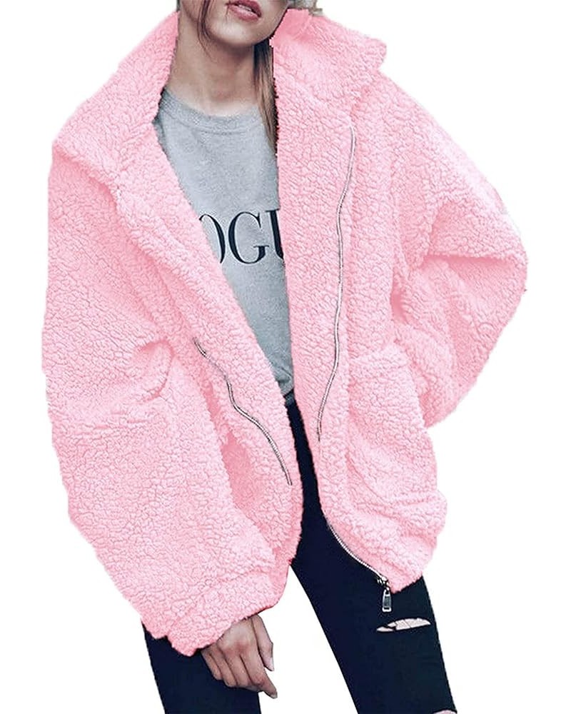 Women's Fashion Winter Coat Long Sleeve Lapel Zip Up Faux Shearling Shaggy Oversized Shacket Jacket Pink $31.85 Coats