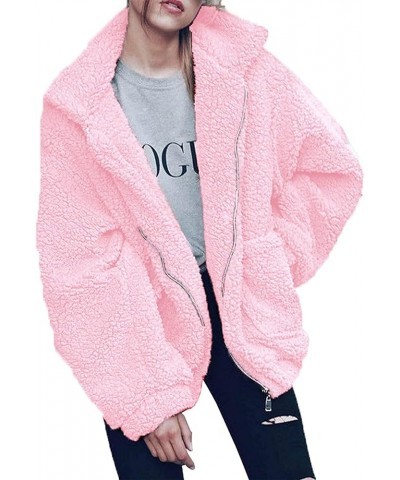 Women's Fashion Winter Coat Long Sleeve Lapel Zip Up Faux Shearling Shaggy Oversized Shacket Jacket Pink $31.85 Coats