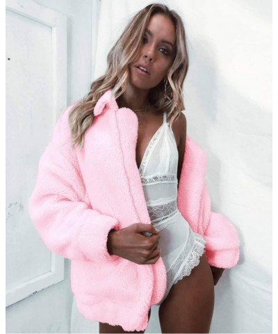 Women's Fashion Winter Coat Long Sleeve Lapel Zip Up Faux Shearling Shaggy Oversized Shacket Jacket Pink $31.85 Coats