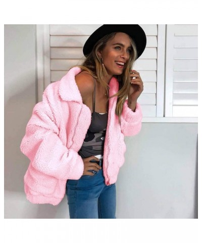 Women's Fashion Winter Coat Long Sleeve Lapel Zip Up Faux Shearling Shaggy Oversized Shacket Jacket Pink $31.85 Coats