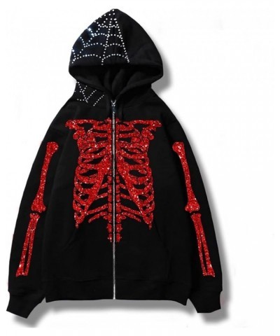 Y2k Skeleton Full Zip Up Hoodies Women Men Rhinestone Skull Graphic Print Sweatshirt Gothic Oversized Jackets Rhinestone Blac...