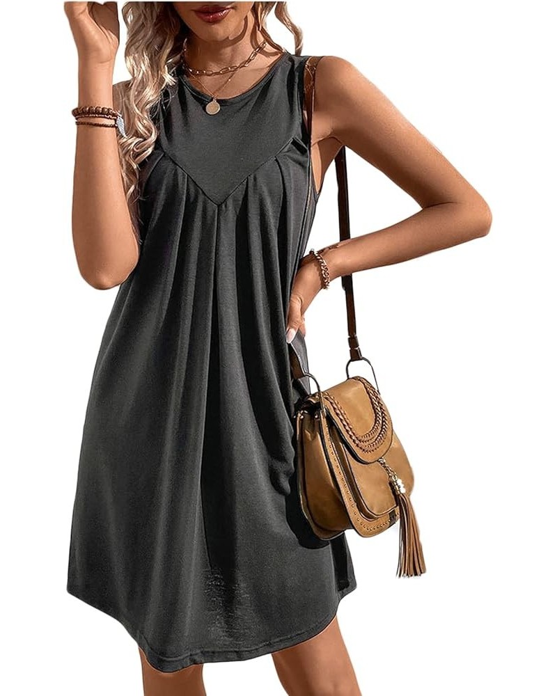 Women's Summer Casual Crew Neck Tank Dress Sleeveless Drawstring T Shirt Sundress A line Midi Dress with Pockets D-dark Grey ...