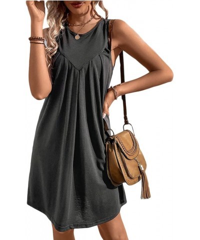 Women's Summer Casual Crew Neck Tank Dress Sleeveless Drawstring T Shirt Sundress A line Midi Dress with Pockets D-dark Grey ...