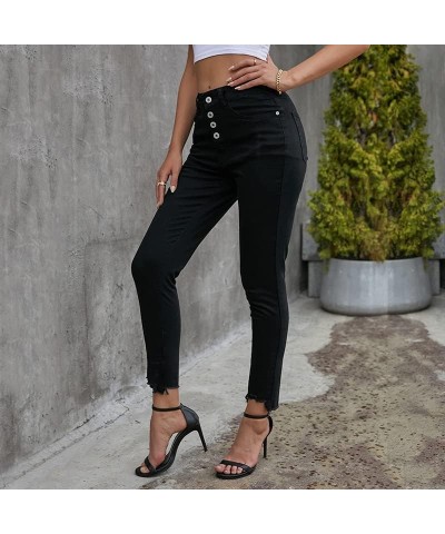 Womens Mid Rise Skinny Jeans Button Fly Raw Hem Denim Pants F Black $10.00 Jeans