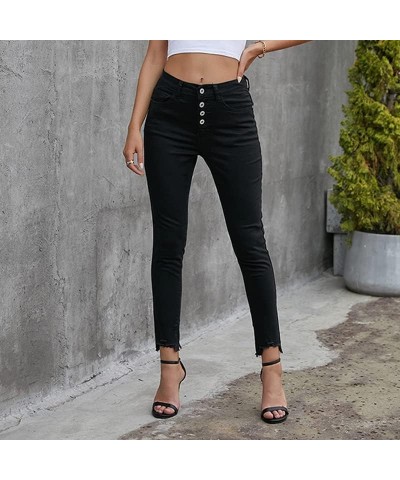 Womens Mid Rise Skinny Jeans Button Fly Raw Hem Denim Pants F Black $10.00 Jeans