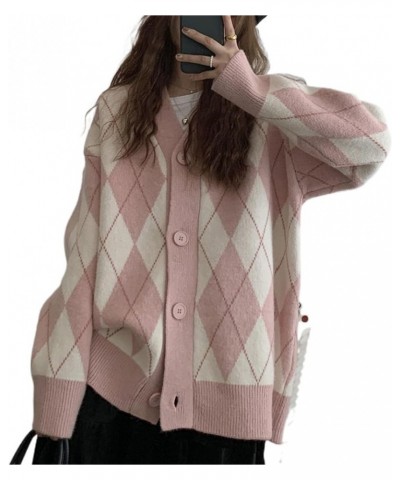 Women Argyle Preppy Cardigan Sweater Button Down Knit Varsity Color Block Y2k Aesthetic Clothes Grunge Grandpa Sweater E Pink...