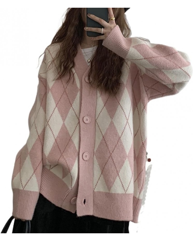 Women Argyle Preppy Cardigan Sweater Button Down Knit Varsity Color Block Y2k Aesthetic Clothes Grunge Grandpa Sweater E Pink...