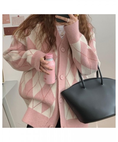 Women Argyle Preppy Cardigan Sweater Button Down Knit Varsity Color Block Y2k Aesthetic Clothes Grunge Grandpa Sweater E Pink...