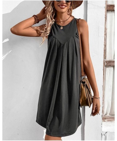 Women's Summer Casual Crew Neck Tank Dress Sleeveless Drawstring T Shirt Sundress A line Midi Dress with Pockets D-dark Grey ...