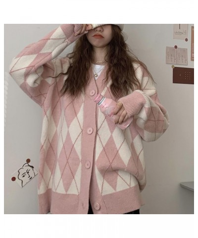 Women Argyle Preppy Cardigan Sweater Button Down Knit Varsity Color Block Y2k Aesthetic Clothes Grunge Grandpa Sweater E Pink...