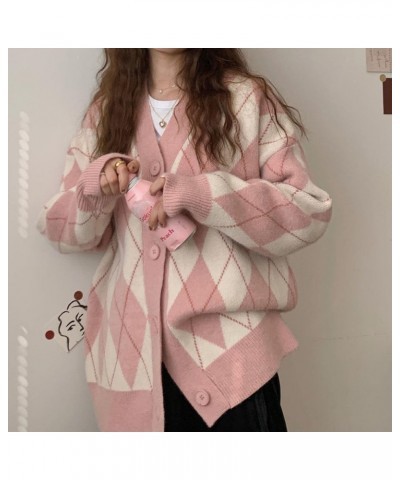 Women Argyle Preppy Cardigan Sweater Button Down Knit Varsity Color Block Y2k Aesthetic Clothes Grunge Grandpa Sweater E Pink...